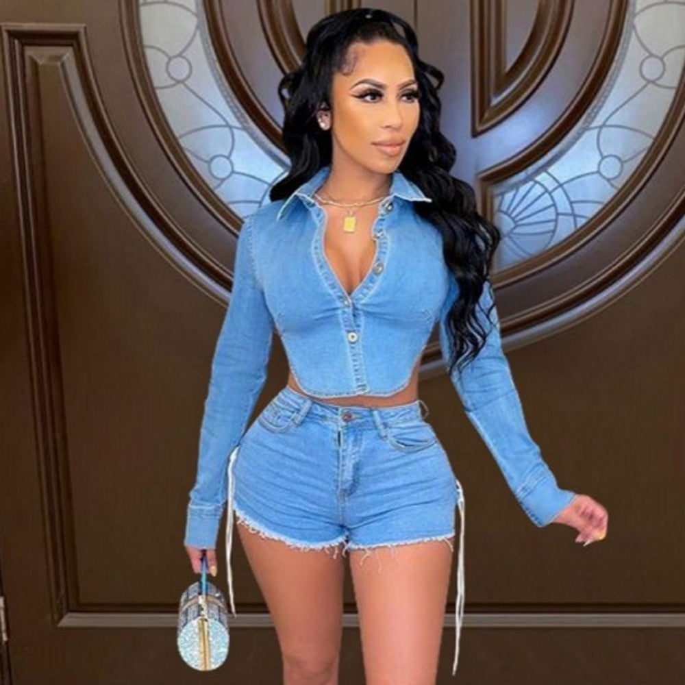 Two 2 Piece Short Set Fashion  Women Outfits Denim Tassel Shorts And Turn Down Collar Backless Jacket Shirt Top Suit