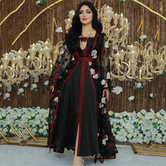 Aovica  Embroidered Floral Lace Mesh Abaya Set Dubai Arabic Turkish Cardigan Kaftan Long Dress Muslim Women Djelaba Islamic Clothing