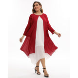 Plus Size Dresses Women Chiffon Casual Midi Dress 2023 Autumn Ladies Long Sleeve Double Lining Red Party Dresses 3XL 4XL 5XL