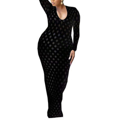 Aovica Plus Size Dresses Women Fashion Ladies Long Sleeve Lace Maxi Dress Hollow Out  Mesh Dress Bodycon