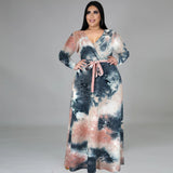 Aovica Women Clothing Plus Size Dresses 2022 New Autumn Large Elegant Casual Dress Tie Dye Slit Belt Long Sleeve Dress 5XL Urban