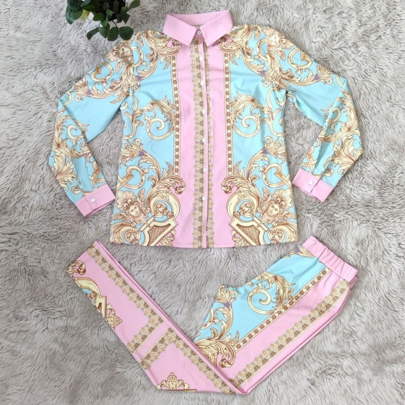 Print 2 Piece Set Spring Autumn Women Long Sleeve Shirt Blouse Top And Pants Sets Outfits Tight Fashion Vintage Streetwear