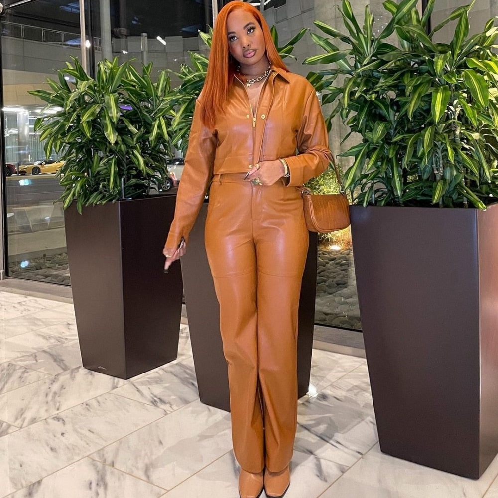Two Pieces Set PU Leather Women Tracksuits Long Sleeves Top And Loose Pants Suits Leisure Outfits Party Club Sport Home Sets