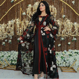 Aovica  Embroidered Floral Lace Mesh Abaya Set Dubai Arabic Turkish Cardigan Kaftan Long Dress Muslim Women Djelaba Islamic Clothing