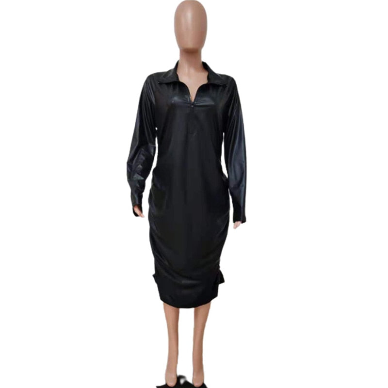 Aovica Plus Size Dresses Zipper  Black Dress Clubwear Stretchy Leather Long Sleeve Midi Dress Bodycon