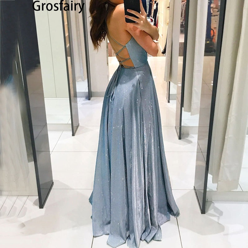 Aovica Slim Prom Spaghetti Straps Red Satin Prom Homecoming Dresses Robe Sparkly Floor Length Backless  Night Evening