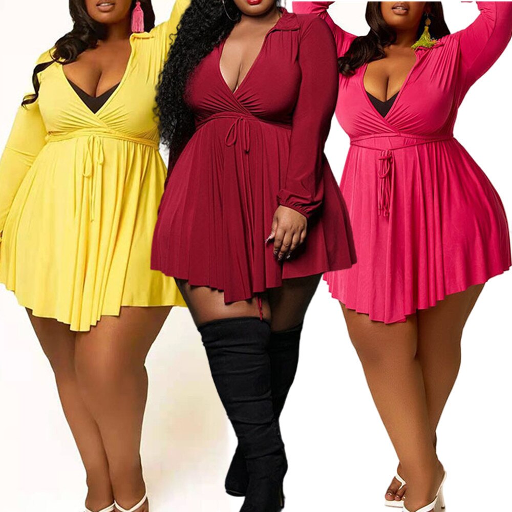 Aovica Plus Size  Dress Women Wholesale Fall Clothes Solid Long SleeveV Neck Mini Dresses Club Birthday Outfits