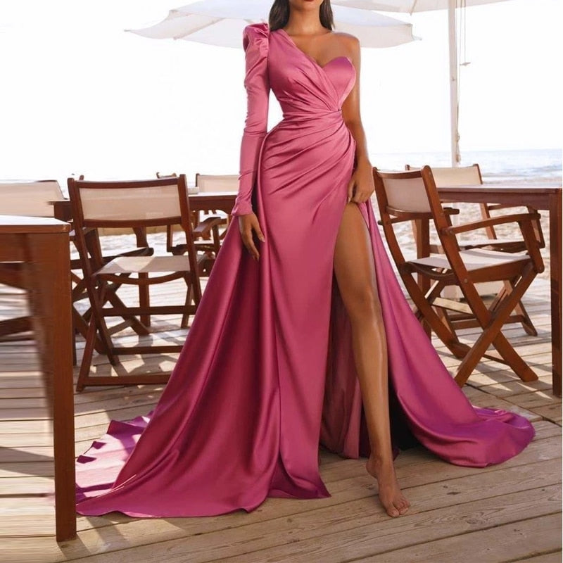 Aovica Wedding Party Dresses One Shoulder Pleated High Split Robes Elegant Bodycon Ball Gown Graduation Prom Party
