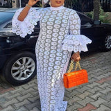 Aovica African Dresses For Women Elegant Hollow Out New Muslim Fashion Abayas Dashiki Robe Kaftan Long Maxi Dress One Piece 2022