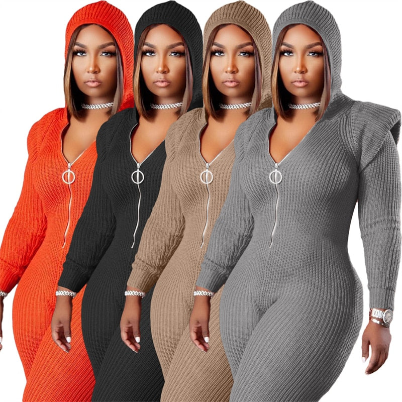 Aovica Plus Size Women Clothing Jumpsuits Skinny Rompers  One Piece Hoodie Outfits Jumpsuits Knitted Bodycon