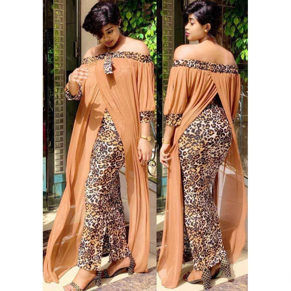 Aovica 2023 Spring Autumn Fashion Loose Leopard Women Maxi Long Split Gown Leisure Outdoor Patchwork Strapless  African Dress