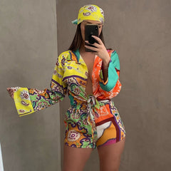 3 Pieces Set  Summer Autumn Fashion Women Set 2023 Female Tops Floral Print Long Sleeve Shirt And Elastic Waist Shorts Scarf