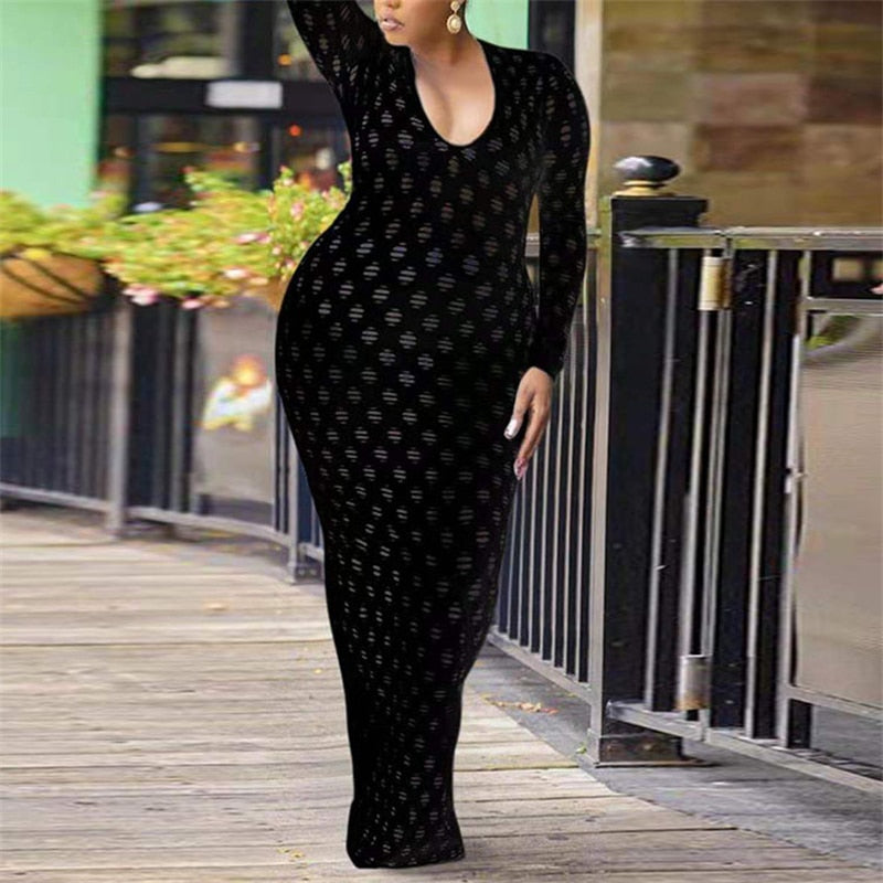 Aovica Plus Size Dresses Women Fashion Ladies Long Sleeve Lace Maxi Dress Hollow Out  Mesh Dress Bodycon