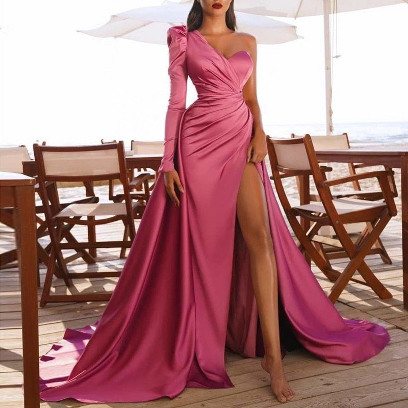 Aovica Wedding Party Dresses One Shoulder Pleated High Split Robes Elegant Bodycon Ball Gown Graduation Prom Party