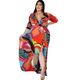 Aovica Women's Clothing Plus Size Bohemian Dress 2022 V-neck Mid-sleeve Split Beach Print Big Swing Dress Fashion Casual Urban