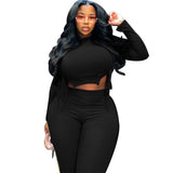 Aovica  Plus Size Women Clothing Ribbed Long Sleeve Crop Top And Pants Sets Bodycon Ladies 2 Piece Outfits