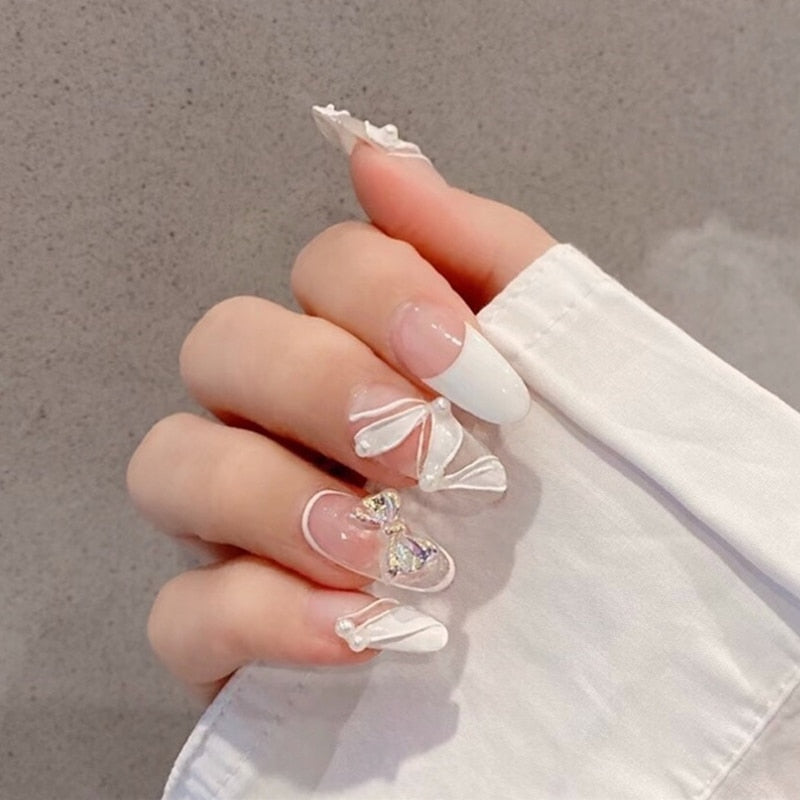 Fake nails with glue designed 24pcs French Ribbon Wear Long Paragraph Fashion Manicure Patch False Nails Wearable Nail Patch TY