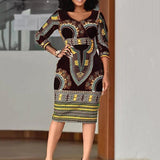 African Ladies Dresses Elegant Wrist High Waist V Neck Vintage For Work Office Business Fashion Slim Vestidos Dress Midi 2023