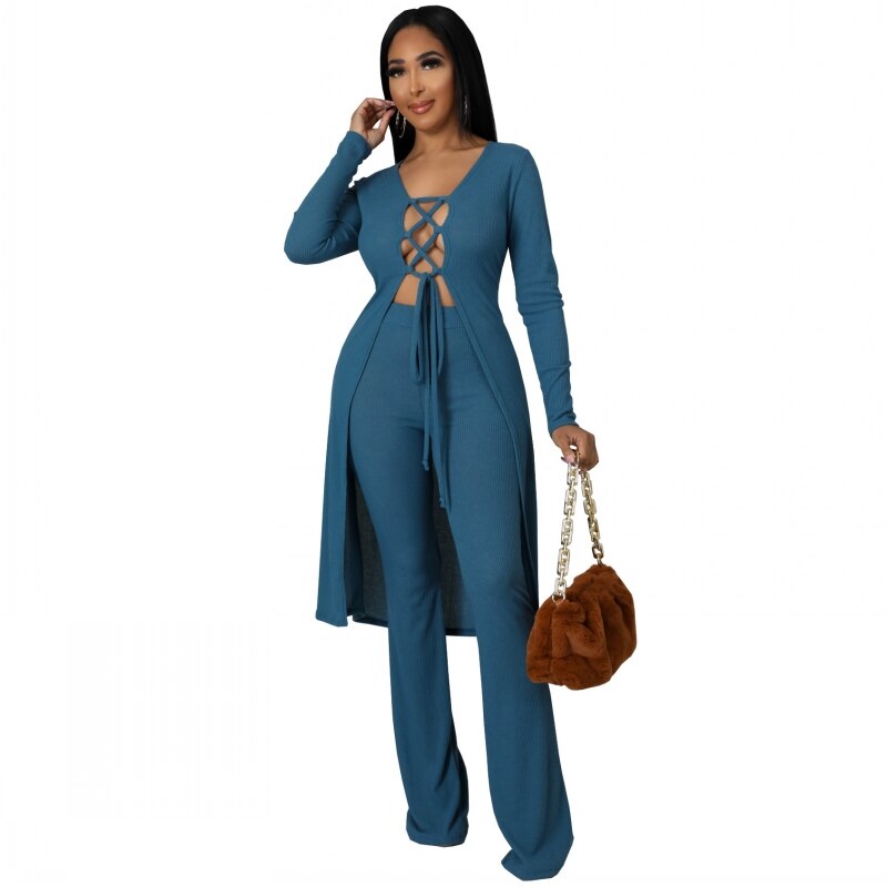 Two Piece Sets Long Sleeve Lace Up Top And Slim Pant Set Suits Casual Women Fashion 2022 Spring Summer Sweater Tracksuit Outfit