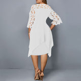 Lace Sleeve Plus Size Dress for Women 2023 Elegant Mesh Patchwork Casual Midi Dress Spring White Round Neck Party Dress 5XL 6XL