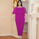 Aovica Pink Dresses for Women Elegant Cape Sleeve High Waist Beads Long Dress Classy Birthday Evening Cocktail Party Plus Size 4XL 5XL