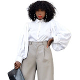 Backless Lantern Sleeve Elegant Shirt White Black  Button Vintage Blouse Turn Down Collar Office Ladies Shirt Female Casual