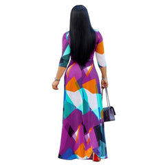 Aovica Autumn Winter Long Dress Women V Neck half Sleeve Retro Geometric Printing Vintage Dress 5XL  Plus Size Wrap Dress