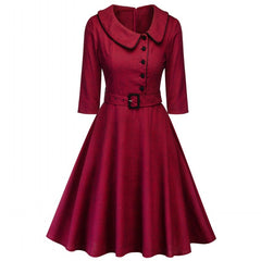 Women Spring Casual Burgundy Elegant Office Lady Plaid 3/4 Sleeve Vintage Dress 2019 Turn-down Collar Belt Retro Autumn Dresses