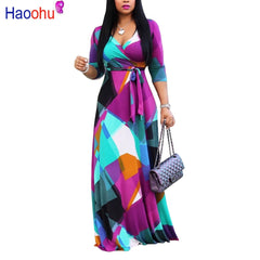 Aovica Autumn Winter Long Dress Women V Neck half Sleeve Retro Geometric Printing Vintage Dress 5XL  Plus Size Wrap Dress