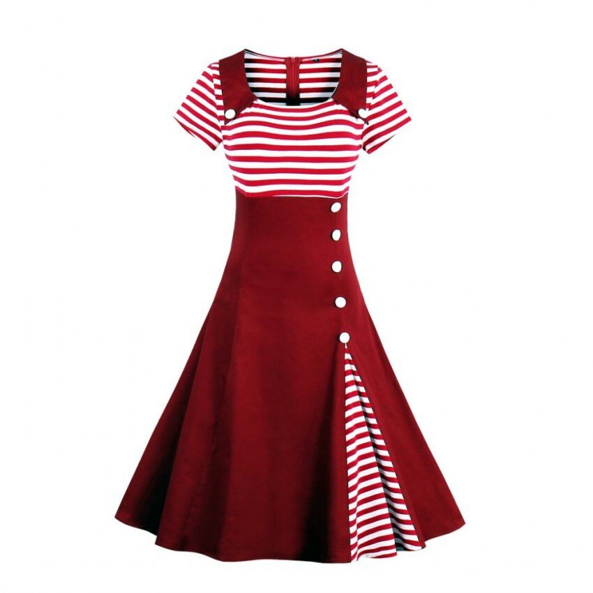 Aovica 3XL 4XL Plus Size Women Pin Up Red White Striped Patchwork Dress Retro Short Sleeve Botton Docorated 1950s Vintage Dress