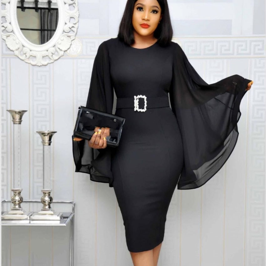 Black Elegant Party Dress Women 2023 Black Office Fashion Chiffon Flare Long Sleeve  Bodycon Belt Ladies Autumn Midi Dresses