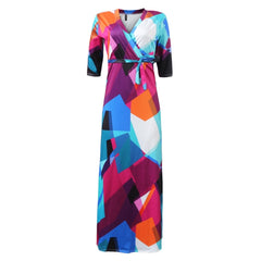 Aovica Autumn Winter Long Dress Women V Neck half Sleeve Retro Geometric Printing Vintage Dress 5XL  Plus Size Wrap Dress