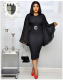 Black Elegant Party Dress Women 2023 Black Office Fashion Chiffon Flare Long Sleeve  Bodycon Belt Ladies Autumn Midi Dresses