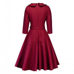 Women Spring Casual Burgundy Elegant Office Lady Plaid 3/4 Sleeve Vintage Dress 2019 Turn-down Collar Belt Retro Autumn Dresses