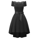 Women Black Strapless Classy Lace Dress Sashes Evening Dinner Party Retro Off Shoulder Robes 2019 Summer Swing Dresses New