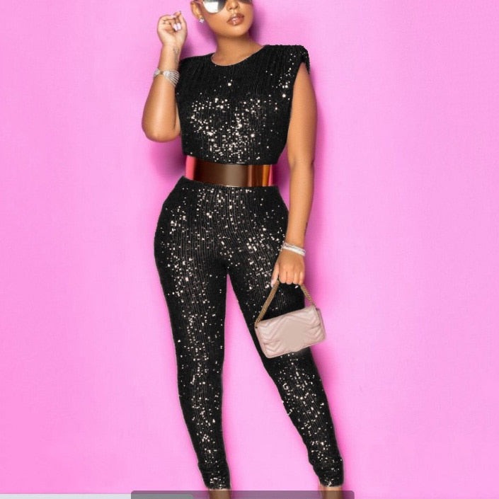 Aovica 2023 New Sequined Jumpsuits Sleeveless High Waist Bodycon Shinny Elegant For Evening Party Night Club Rompers & Jumpsuits