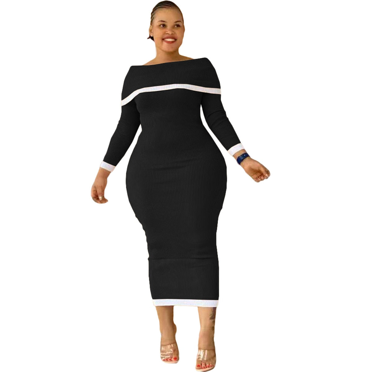 Aovica Fall Clothes For Women Plus Size Dresses  Rib Off-The-Shoulder Stitching Long Sleeves Dress