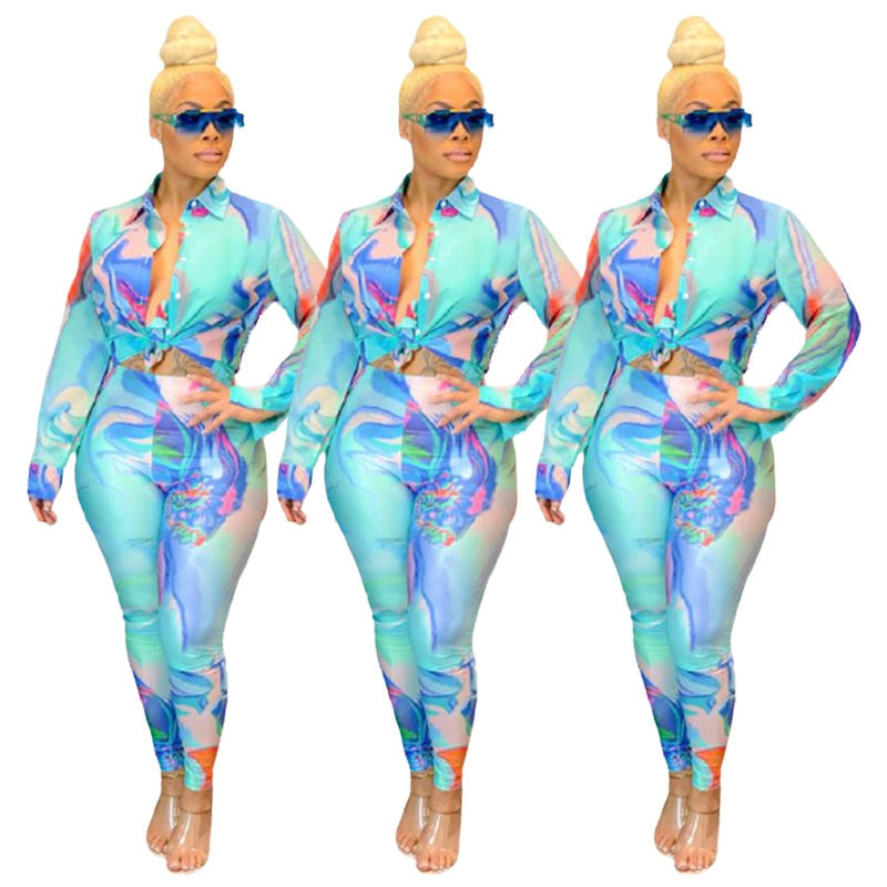 Two Piece Matching Set Women's Wear Office Lady Style Long Sleeve Top And Pencil Pants  Fashion Digital Print Tracksuit