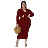 Aovica Cotton Rib Sunken Stripe Casual 2 Piece Suit Club Urban Fall Clothes Women's Plus Size Sets Long Sleeve  Top Skirt