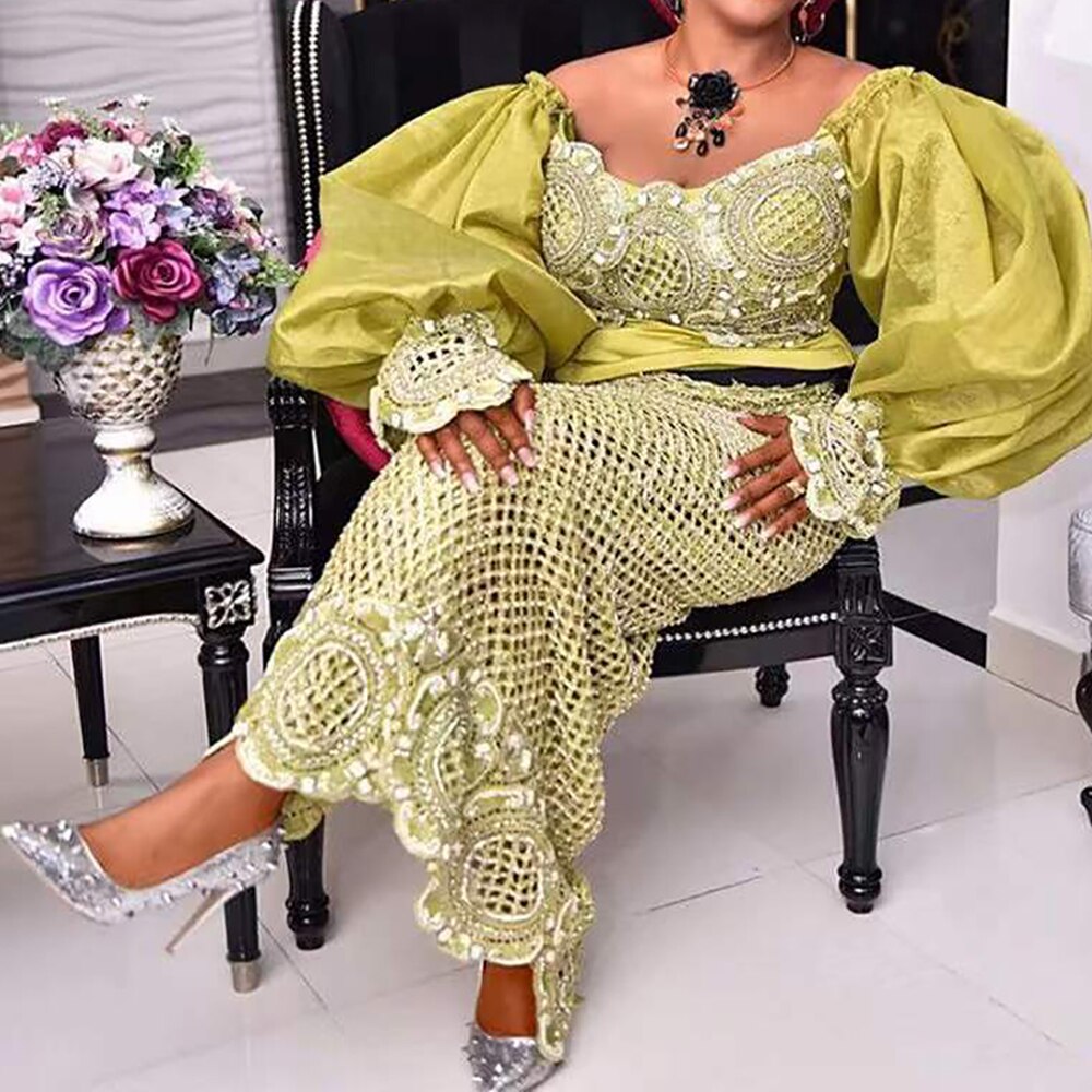 Aovica African Dresses For Women Traditional Ankara Outfits Puff Sleeve Bodycon Dress Party Evening Gowns Boubou Dubai Vestidos 2023