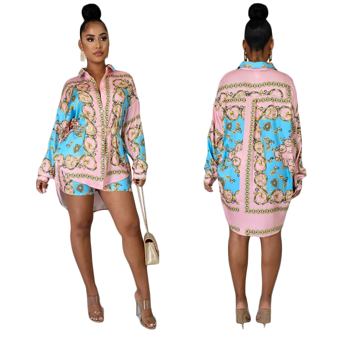 2023 New African Print Elastic Bazin Baggy Shorts Rock Style Dashiki Long Sleeve Famous Suit For Women Shirt And Shorts 2pcs/se