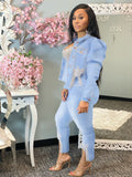 Aovica Casual Jeans Suit Women Denim Two Pieces Set Blue Long Sleeve Jeans Top&Long Pants Slim Tracksuit Outfits Spring Autumn OL