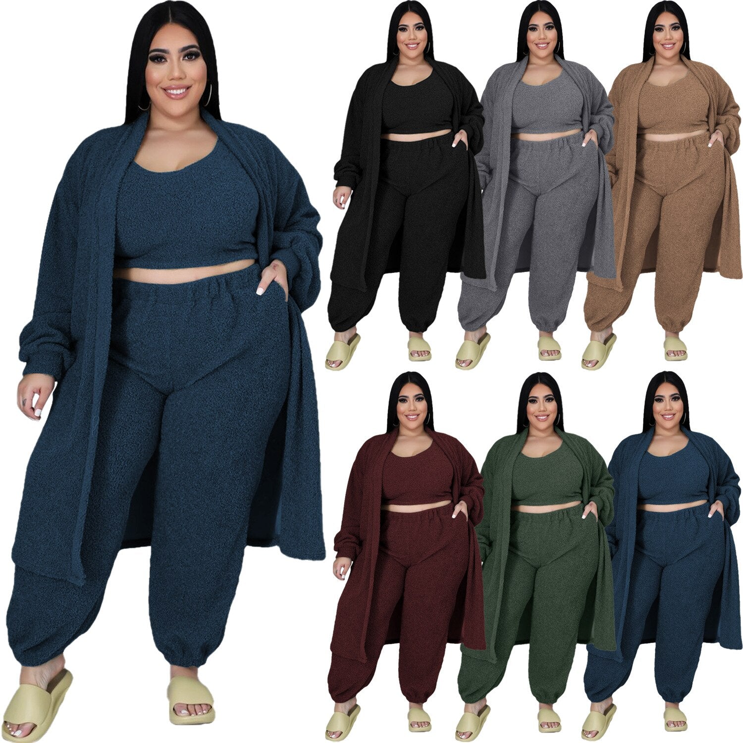 Aovica Urban Plus Size Women Clothing Autumn Winter New Polar Fleece Thick Three-Piece Set Solid Long Sleeve Fashion Casual Set