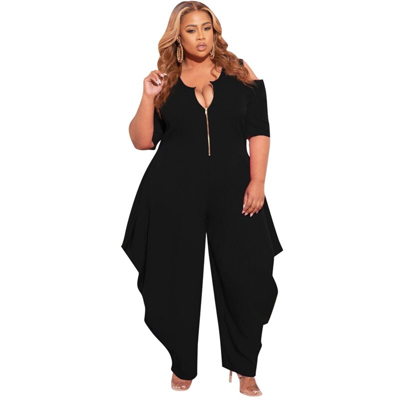 Aovica Plus Size Jumpsuit Women Casual Loose Hollow Out Sleeve Zip Up One Piece Outfit Summer Romper Tracksuit Wholesale Dropshipping