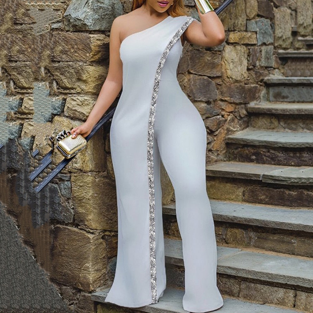 Aovica White One Shoulder Jumpsuits For Ladies Bodycon Floor Length Elegant 2023 Summer Evening Night Party Rompers & Jumpsuits Clothes