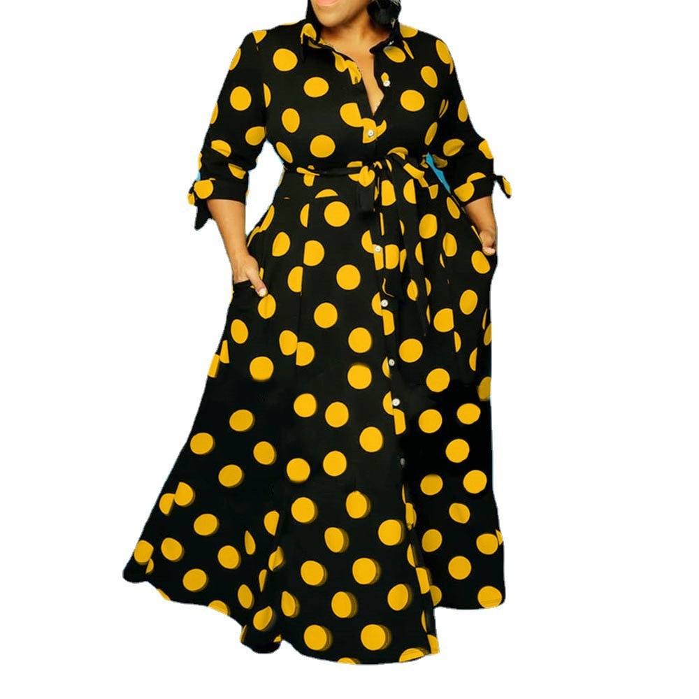 Aovica Dress Women Plus Size Loose Long Dress With Lacing Up Dots Bohemian Ladies Shirt Dress Maxi Elegance