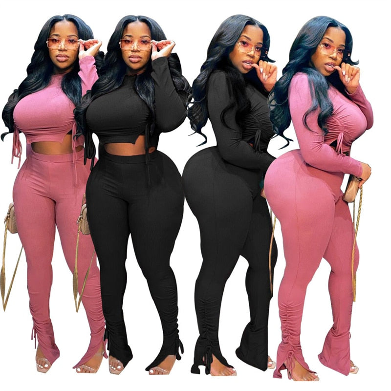 Aovica  Plus Size Women Clothing Ribbed Long Sleeve Crop Top And Pants Sets Bodycon Ladies 2 Piece Outfits