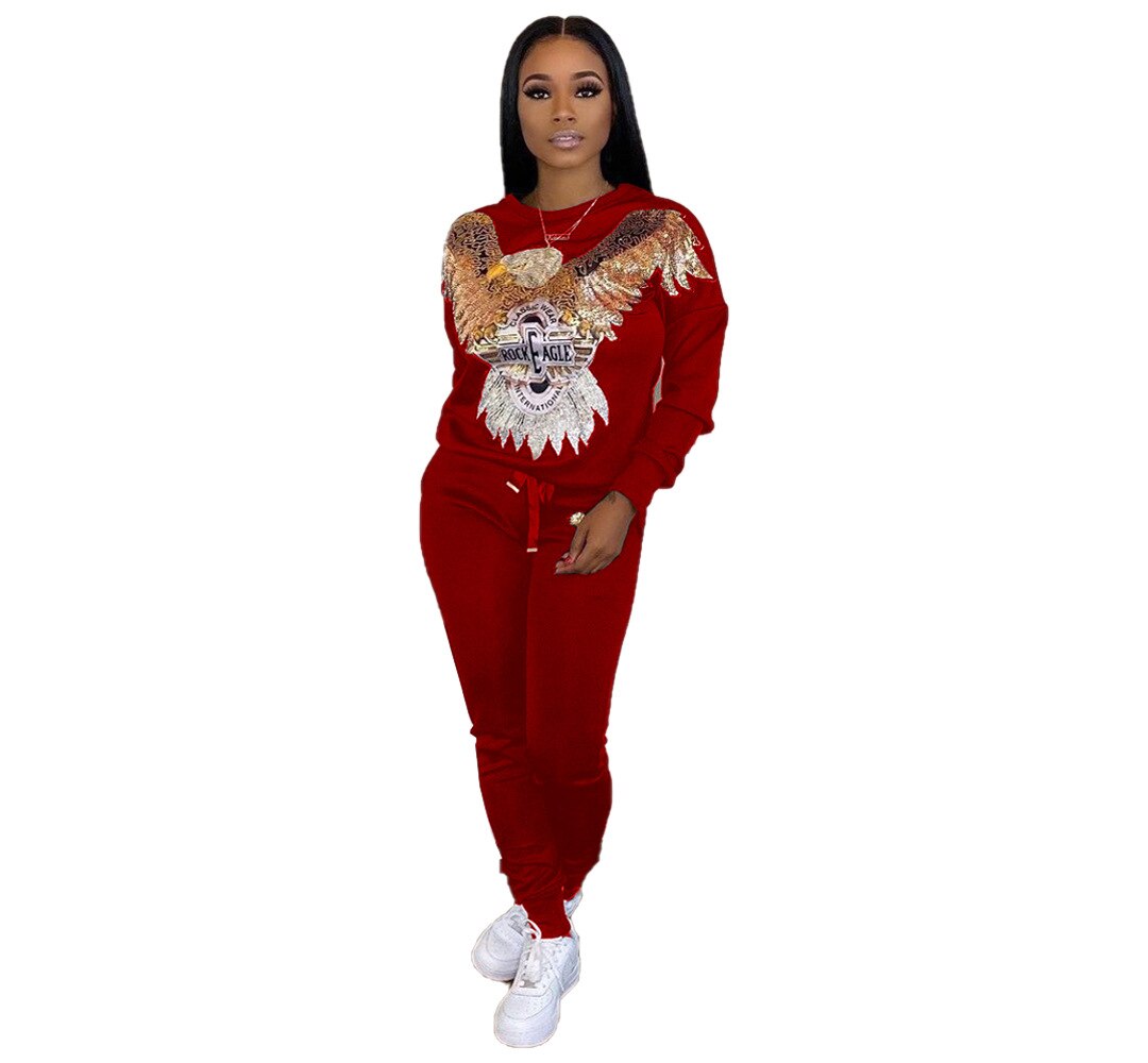 2 Two Piece Set Women Track Suit Tops And Pants Hooded Suit Fashion Big Sequins Jogging Femme Sets Two Piece Outfits Sweat Suits