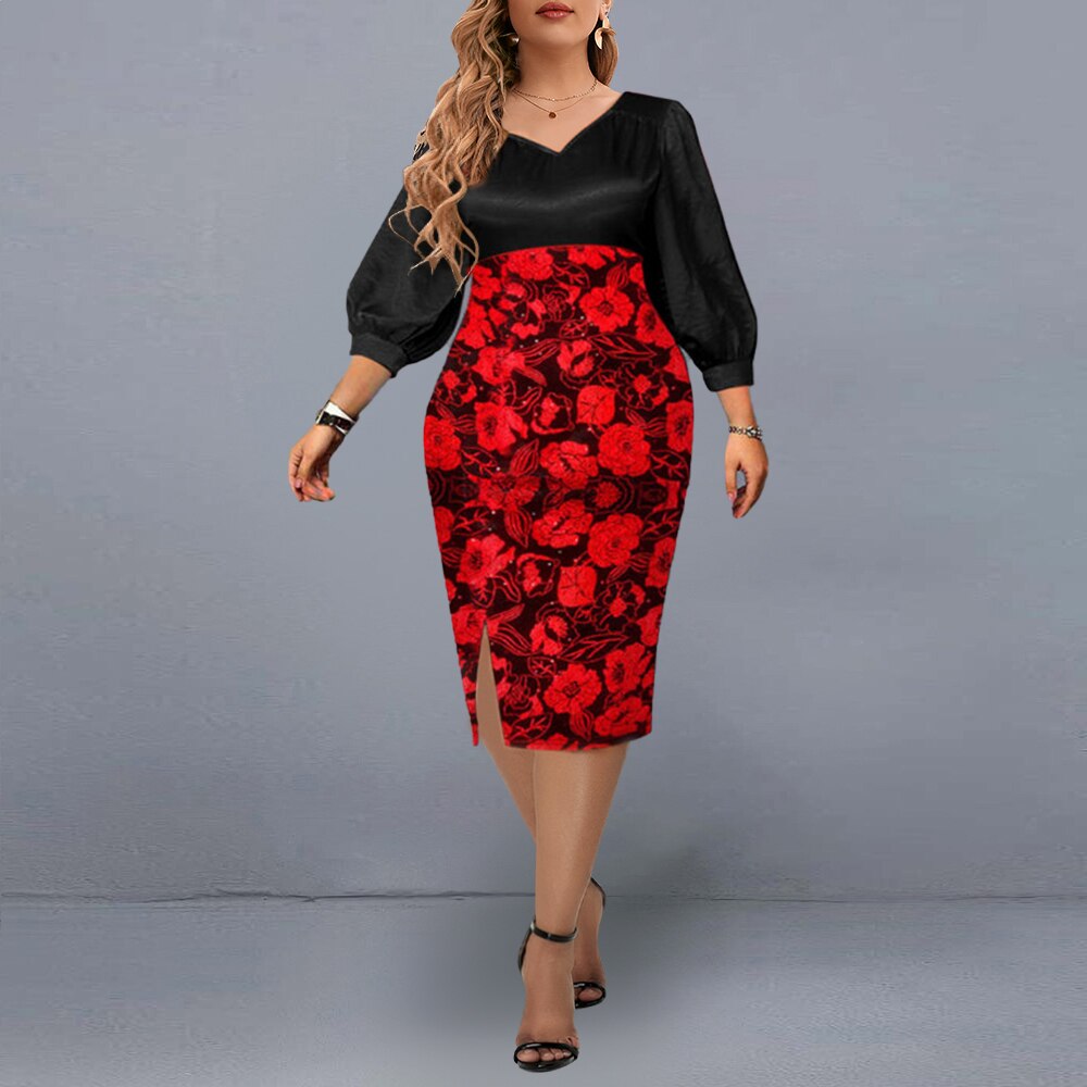 Plus Size Dress 2023 Women Elegant Floral Print Midi Dresses Red Autumn Winter Ladies  V-neck Christmas Party Dress 4XL 5XL