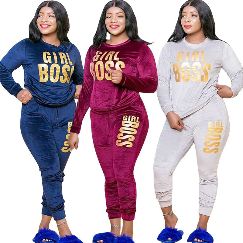 Autumn New Velvet Two Piece Sets Women Full Sleeve Tops And Skinny Pants Matching Sets Fashion Letter Print Tracksuit Women Sets